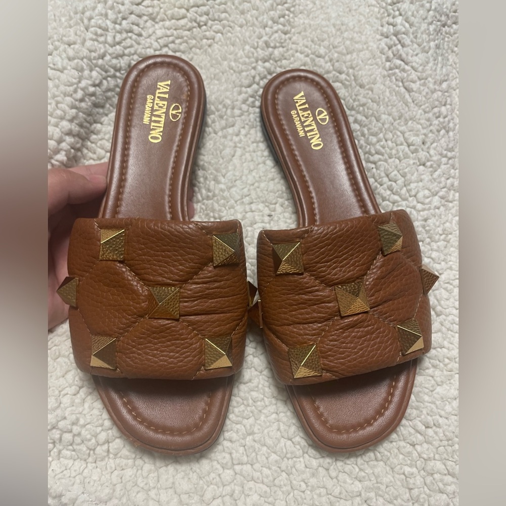 Valentino Garavani Tan Leather Sandals with Gold Studs